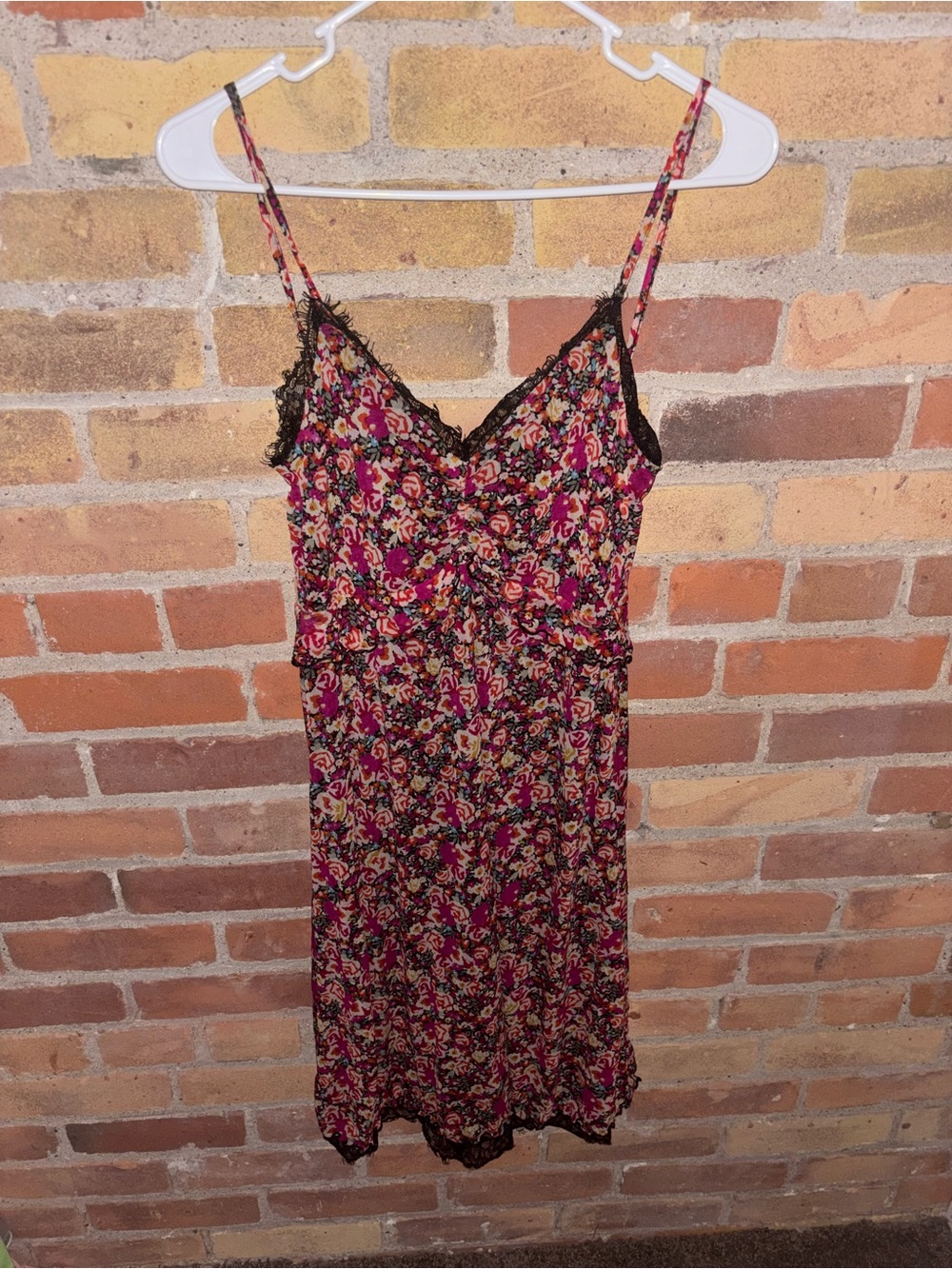 Vintage Y2K Express Floral Silk Lace-Trim Dress in Burgundy Floral